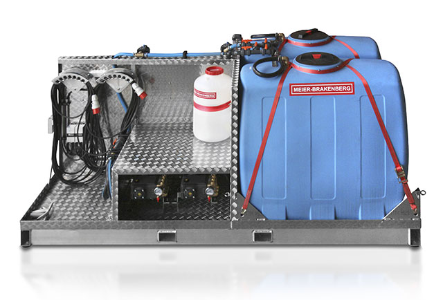 Stationäre Hochdruckpumpeneinheit auf Anhänger Stationäre HD-Anlage auf Gestell für PKW-Anhänger - die ideale Lösung für professionelle Reinigungsdienstleister. Pumpe mit 2 x 2.400 l/h.
