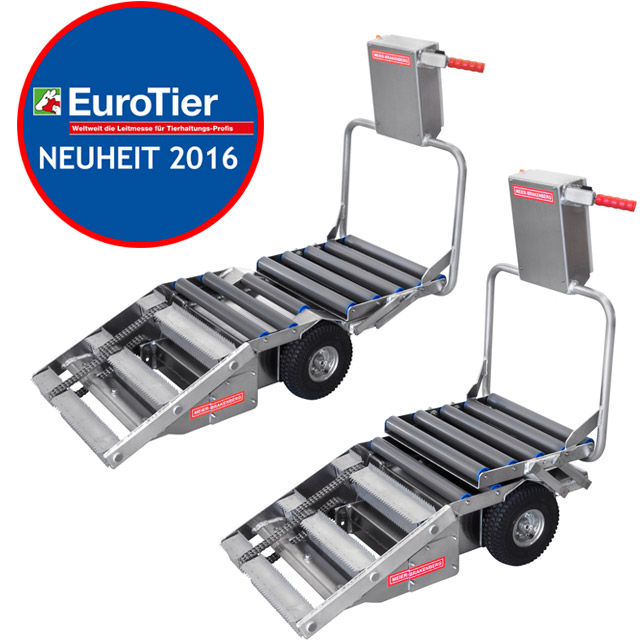 Neuheit auf der EuroTier: Porky's Pick Up XL - für Sauen bis 300 Kg Das neue Porky's Pick Up XL wir erstmals auf der EuroTier 2016 in Hannover vorgestellt und ist durch die modifizierte Ausführung zum Transport von Sauen bis 300 Kg geeignet. Hierzu lässt sich das Pick Up in der Länge ausklappen, um die großen Tiere vollständig aufzunehmen.