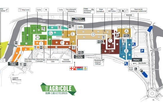 Hallenplan der Messe Foire Agricole Der Exklusivpartner von Meier-Brakenberg, die Firma Agrodel stellt dieses Jahr in Block F2 auf der Foire Agricole aus. Hier im Blick der Hallenplan zur Messe.