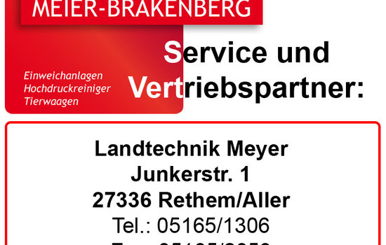 Vertriebspartner Landtechnik Meyer Der Vertriebspartner Landtechnik Meyer führt den Service an Hochdruckreinigern von Meier-Brakenberg durch. Die Einzeltierwaagen gehört ebenso zum Programm von Landtechnik Meyer.