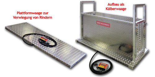 To weigh different sizes of cattle’s, Meier-Brakenberg develops a special design to weigh heavy and large cattle’s, also as calves up to 120 Kg. The platform under the weighing-cage as a single unit is suitable for larges animals, like bulls. If the operator uses all equipment together, he can weigh smaller animal’s safety in the robust weighing frame.