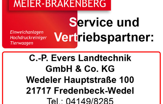 Vertriebspartner Evers Landtechnik Der Vertriebspartner Evers Landtechnik bietet erstklassigen Service und Vertrieb für die Profi-Hochdruckreiniger von Meier-Brakenberg.