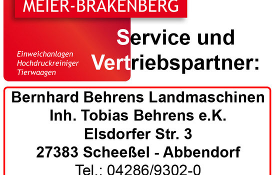 Vertriebspartner Behrens Landtechnik Der Vertriebspartner Behrens Landtechnik bietet erstklassigen Service und Vertrieb für die Profi-Hochdruckreiniger von Meier-Brakenberg.