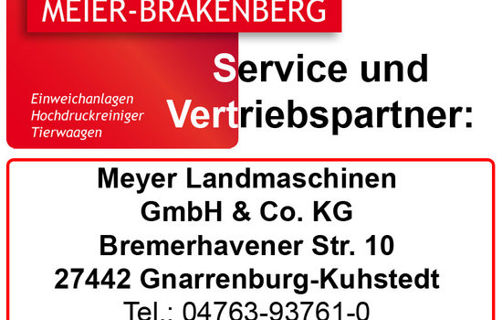 Vertriebspartner Meyer Landmaschinen Der Vertriebspartner Meyer Landmaschinen bietet erstklassigen Service und Vertrieb für die Profi-Hochdruckreiniger von Meier-Brakenberg, sowie der Einzeltierwaage für die Kontrollverwiegung von Mastschweinen.