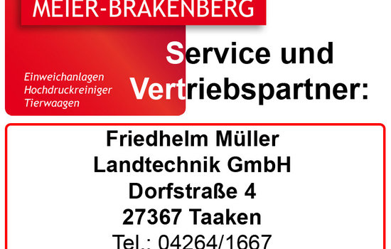 Vertriebspartner Friedhelm Müller Landtechnik Der Vertriebspartner Friedhelm Müller Landtechnik führt den Service an Hochdruckreinigern von Meier-Brakenberg durch. Auch Tierwaagen gehören in das Vertriebssortiment von Friedhelm Müller.